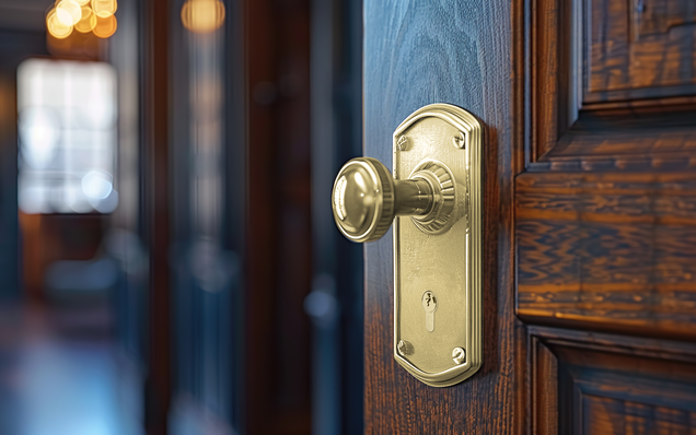 Elegant gold-coloured door knob on a dark wooden door in a historic setting
