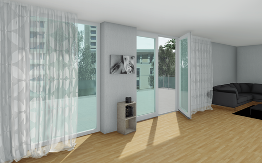 Open balcony door in a modern living room with wooden flooring