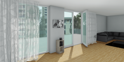 Open balcony door in a modern living room with wooden flooring
