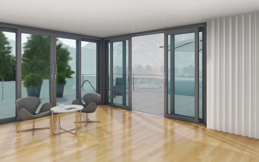 Modern living space with large-area lift-and-slide elements and panoramic view