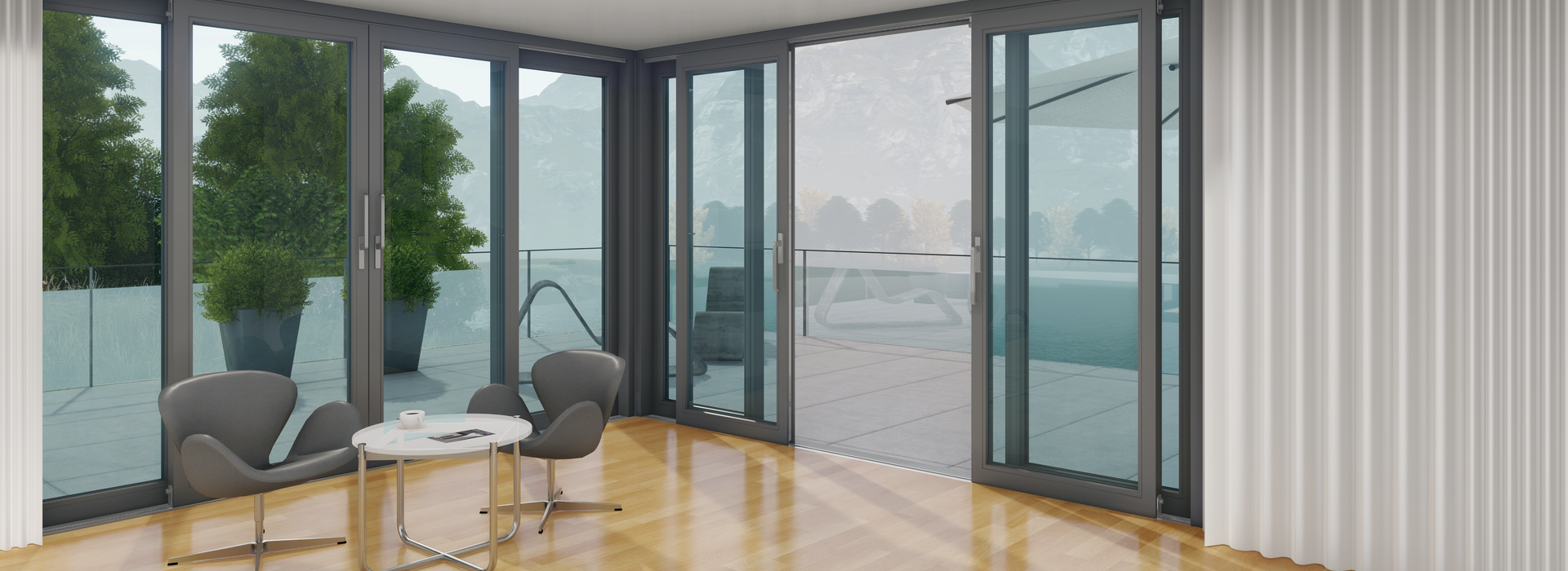 Modern living space with large-area lift-and-slide elements and panoramic view