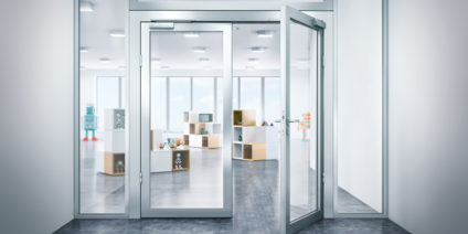 Kindergarten – 2-leaf tubular frame door with overhead door closers OTS 73x – active leaf open