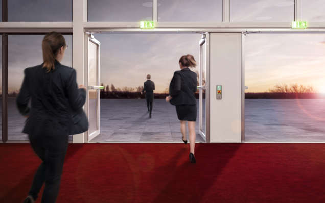 Theatre foyer, people escape through opened doors, double-leaf panic doors with electrically locked Touch Bar EVT