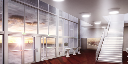 Theatre foyer, double-leaf panic doors with electrically locked Touch Bar EVT, doors closed